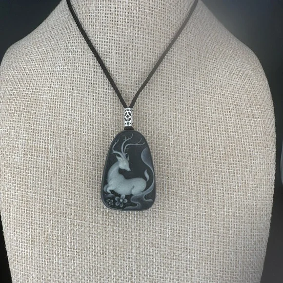 Tai Chi Stone Deer Pendant Necklace, Sterling Silver Accent on Adjustable Rope - Picture 7 of 9
